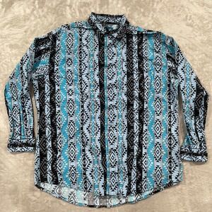 Wangler Shirt Mens XL Blue Aztec Southwestern Brushpopper Pearl Snap Cowboy